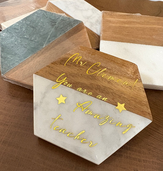 Custom Message Hexagon Coaster with gift bag (White Marble)
