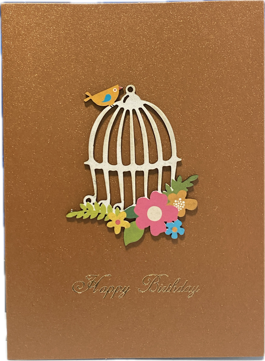 Card- Happy Birthday cage (Gold brown)